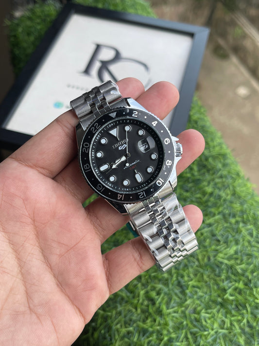 RC Seiiko GMT Style Quartz Open Back – Premium Jubilee Edition Black Dial / Black Bezel