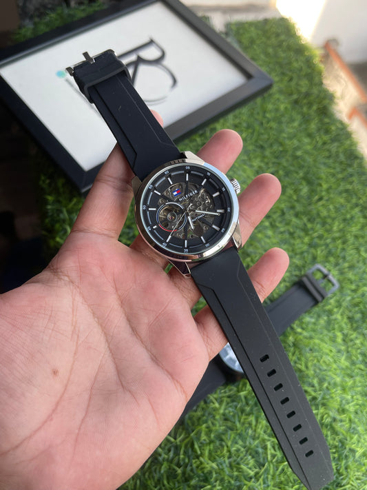 RC X Tommy Hilfiger Automatic Skeleton β Black Silicone Strap & Silver Case