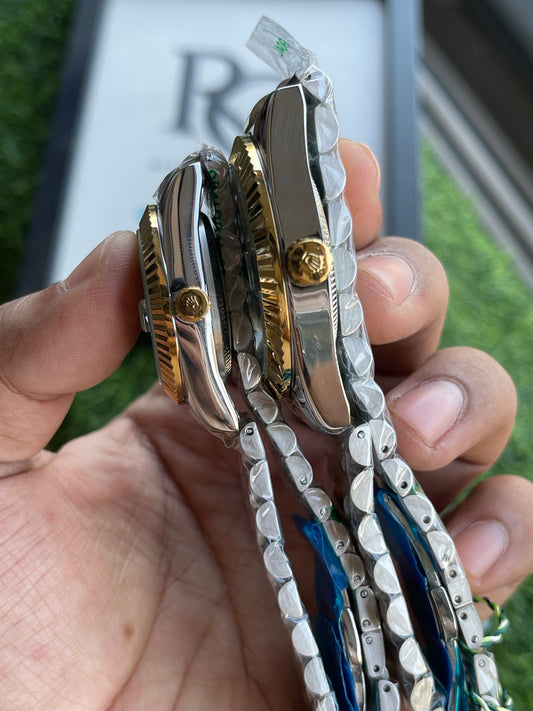 RC RLX Luxury Green Dial Couple Watch Set – Gold & Silver Two-Tone Design