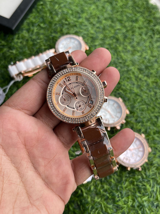RC X Miichael Kors Chronograph Crystal Bezel – Brown Strap & Champagne Dial