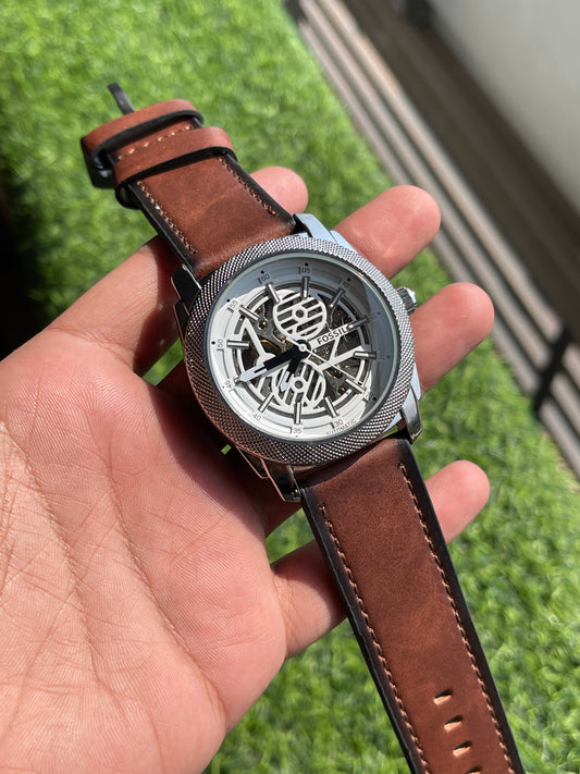 RC Fossiil Townsman Automatic – Silver Mesh Bezel | White Skeleton Dial | Vintage Brown Strap