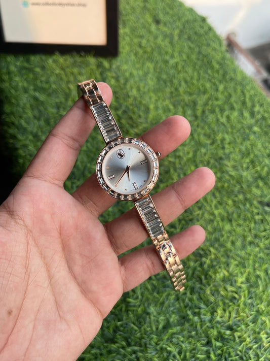 RC X Swarovskii Crystal Bezel Rose Gold Bracelet Watch – Silver Sunburst Dial Edition