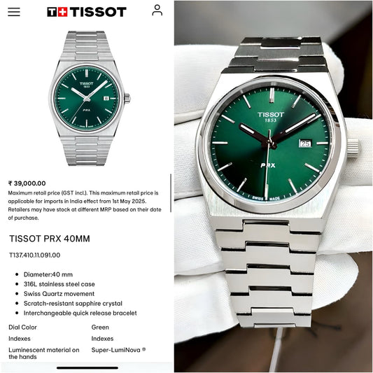 RC Tisst PRX Emerald Green Dial – Silver Stainless Steel Quartz Edition
