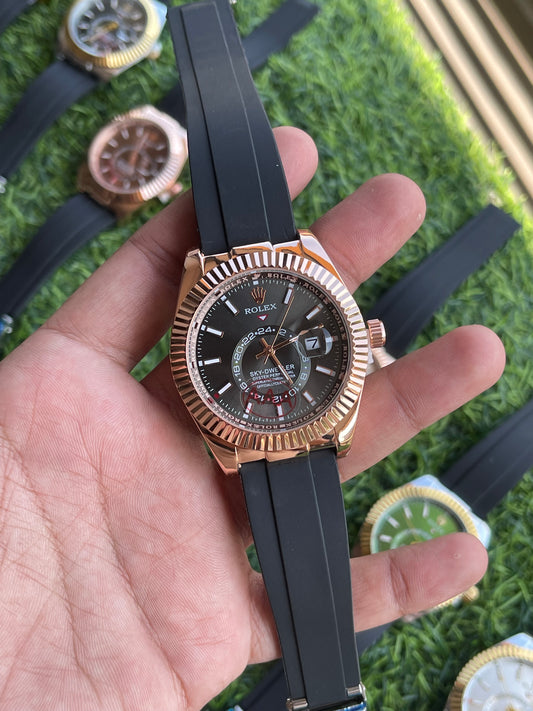 RC RLX Sky-Dweller–Style Black Dial Quartz Watch with Rose-Gold Fluted Bezel