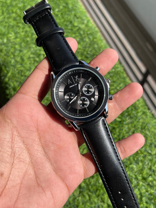 RC Armanii Exchange Black Dial Chronograph with Black Leather Strap