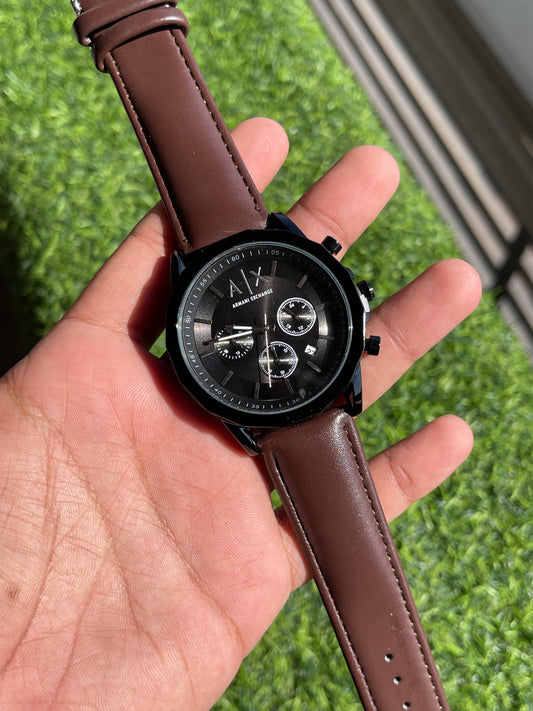 RC Armanii Exchange Black Dial Chronograph with Brown Leather Strap