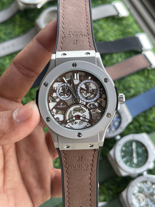 RC Hublt Classic Fusion Silver Skeleton Brown Dial (Brown Strap)