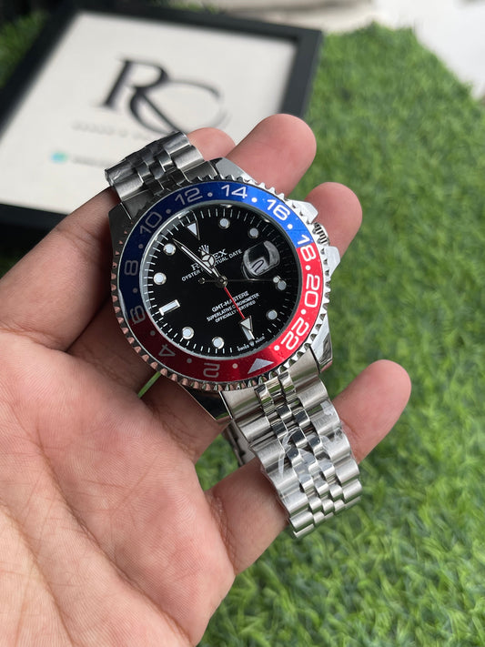 RC RLX GMT-Master II 5-Link Jubilee Bracelet Luxury Edition Blue & Red Bezel | Silver Bracelet