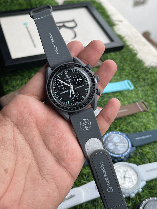 RC X MoonSwatch Speedmaster Mercury Grey Edition Chronograph Watch – Graphite Black Dial | Premium Silicone Strap