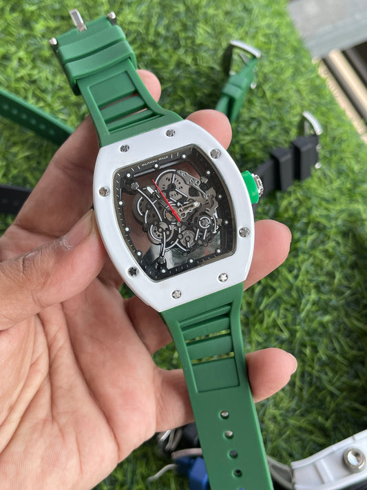 RC RM Skeleton Dial Sports Quartz Watch – White & Green Edition
