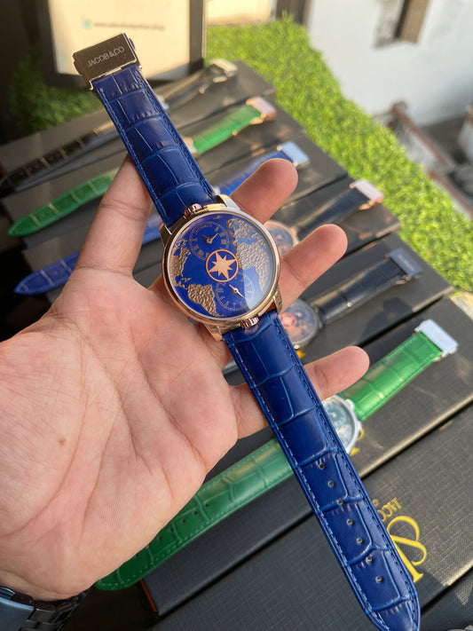 RC X Jaacob & Co. The World Is Yours Dual Time Zone Leather Strap Watch