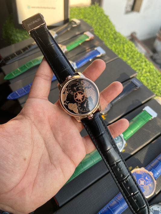 RC X Jaacob & Co. The World Is Yours Dual Time Zone Leather Strap Watch