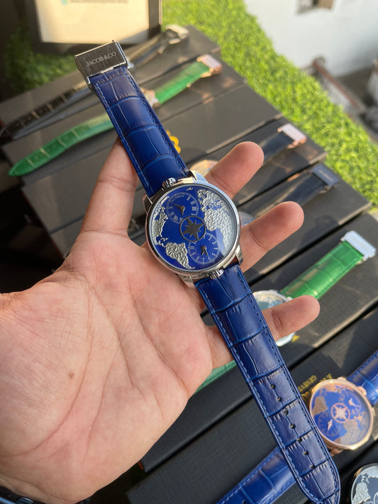 RC X Jaacob & Co. The World Is Yours Dual Time Zone Leather Strap Watch