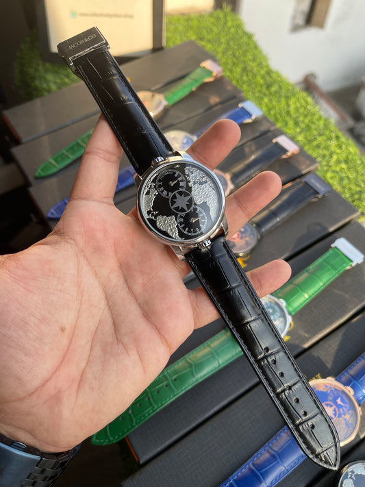 RC X Jaacob & Co. The World Is Yours Dual Time Zone Leather Strap Watch