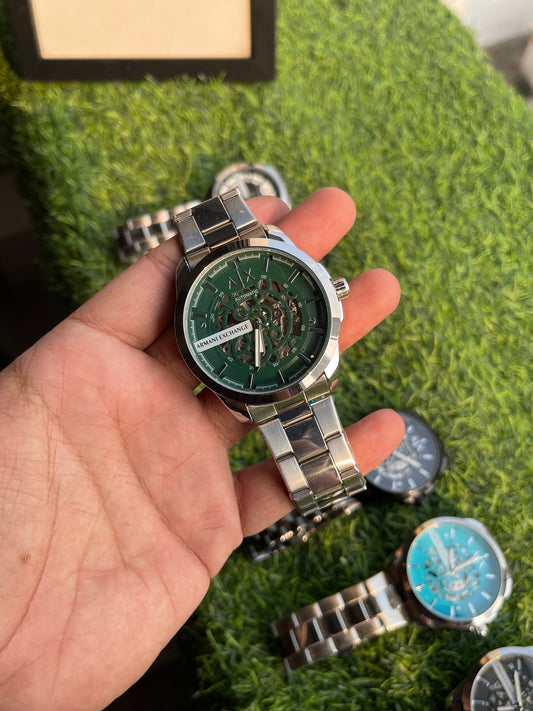 RC X Armanii Exxchange Automatic Skeleton Watch – Silver Chain with Green Dial