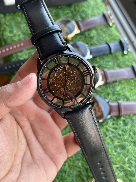 RC Fossiil Skeleton Automatic Watch – Black Case with Black Leather Strap