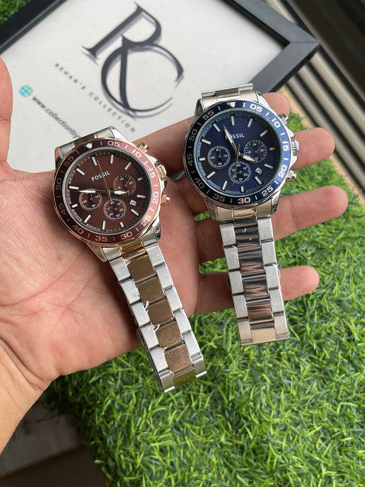RC Fossiil Blue Dial Chronograph Watch with Silver Stainless Steel Chain