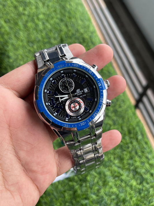 RC Casiio Edific Stainless Steel Watch with Blue Bezel