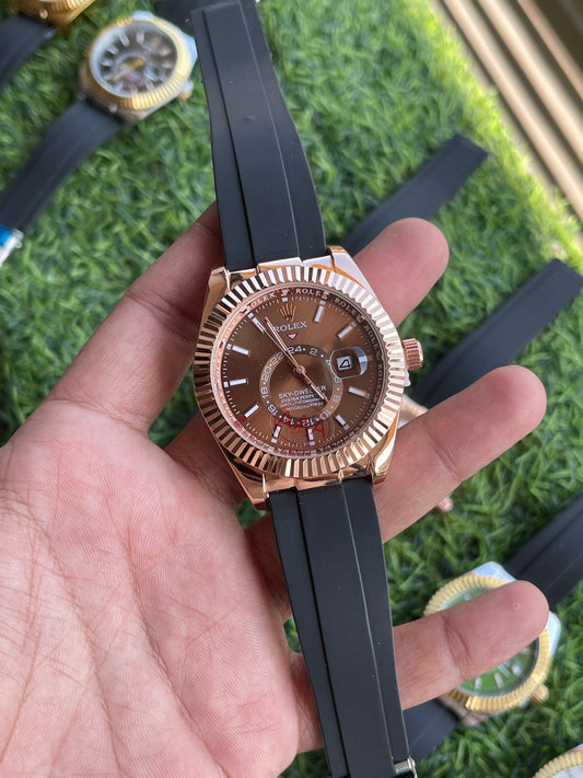 RC RLX Sky-Dweller–Style Brown Dial Quartz Watch with Rose-Gold Fluted Bezel