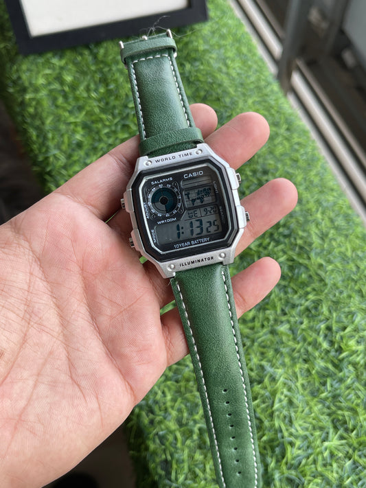 RC Casiio World Time Digital – Green Leather Edition