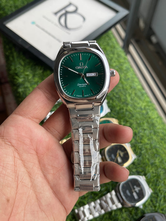 RC Omegaa Green Dial Quartz Watch with Silver Stainless Steel Chain