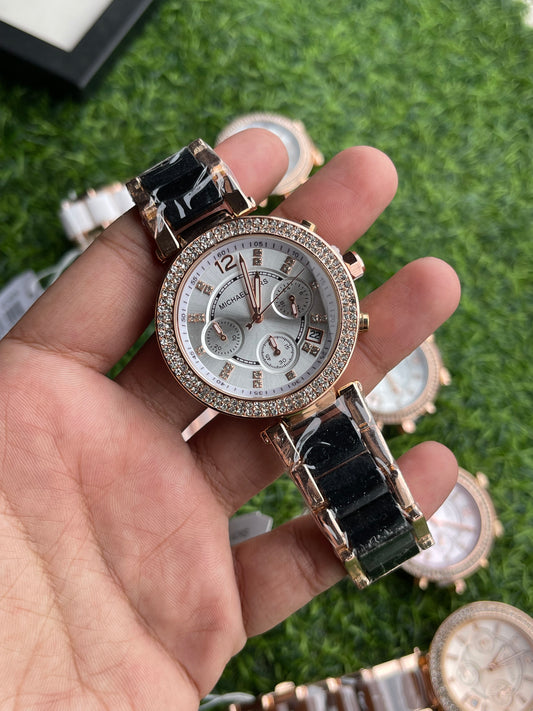 RC X Miichael Kors Chronograph Crystal Bezel – Black Strap & Silver Dial