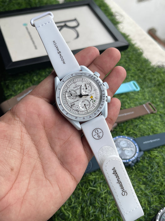 RC X MoonSwatch Speedmaster Snoopy White Edition Chronograph Watch – White Dial | Premium Silicone Strap