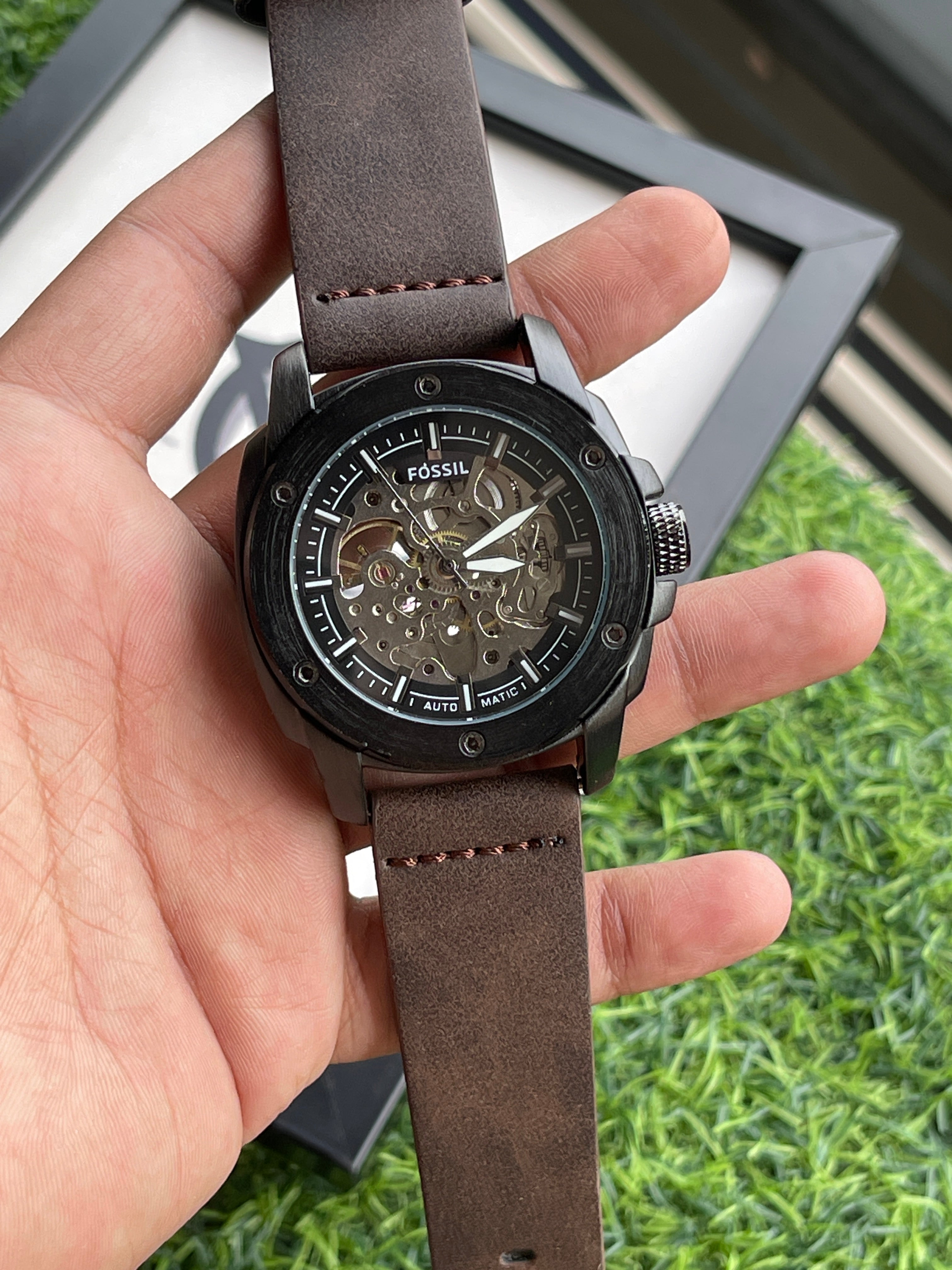 RC Fossiil Black Skeleton Automatic Watch with Brown Leather Strap ...