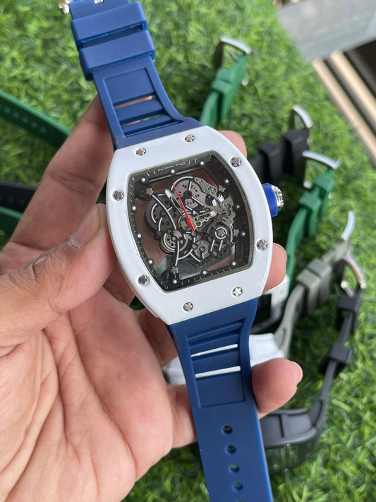 RC RM Skeleton Dial Sports Quartz Watch – White & Blue Edition