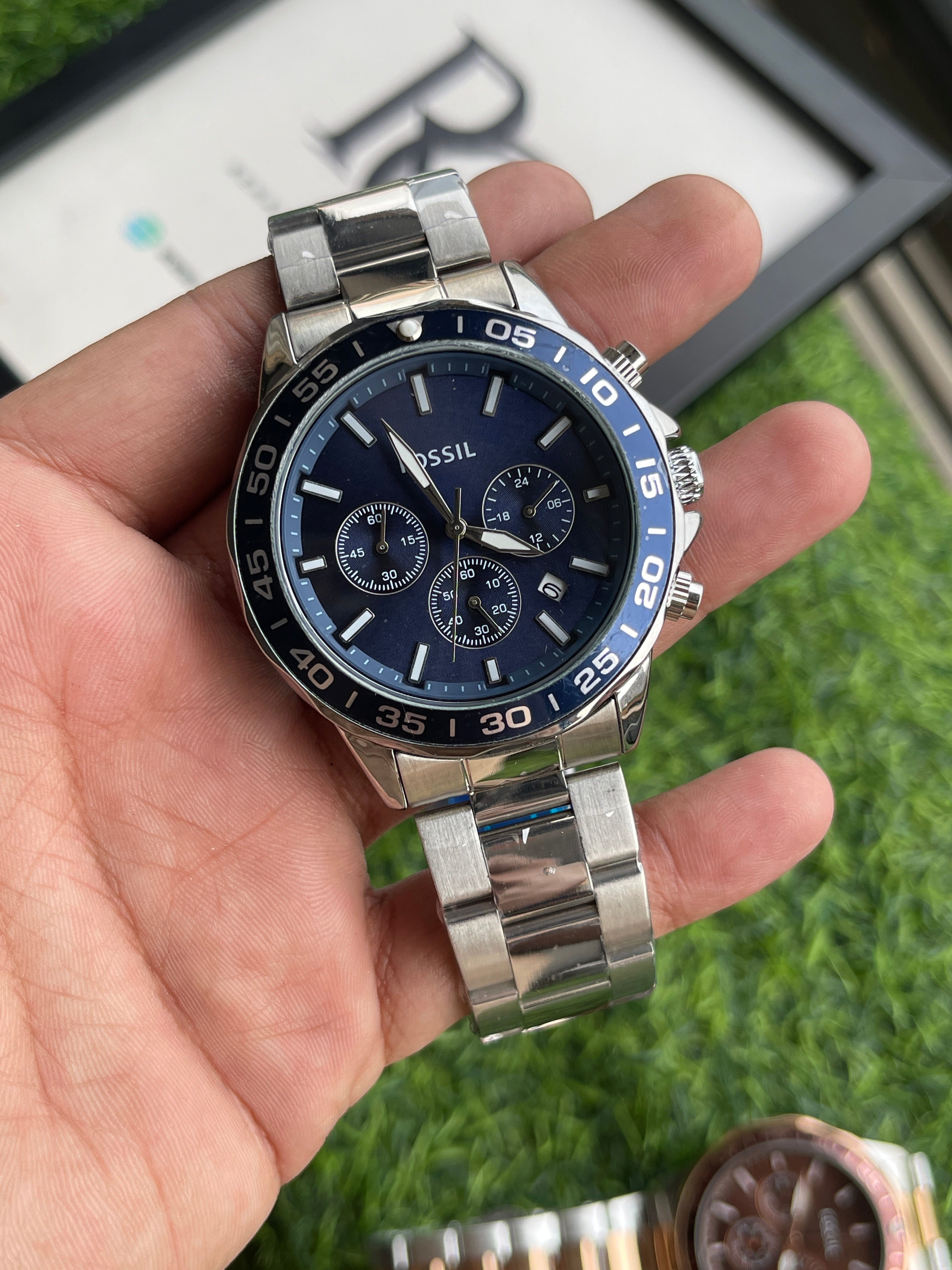 RC Fossiil Blue Dial Chronograph Watch with Silver Stainless Steel Cha ...