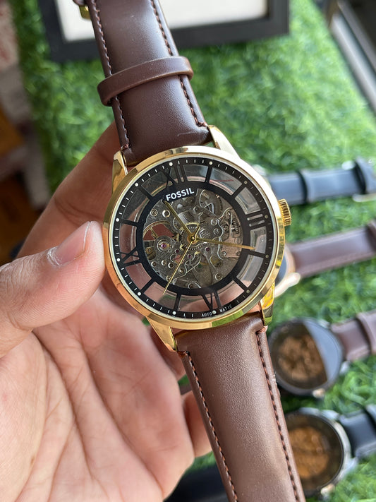 RC Fossiil Skeleton Automatic Watch – Gold Case with Brown Leather Strap