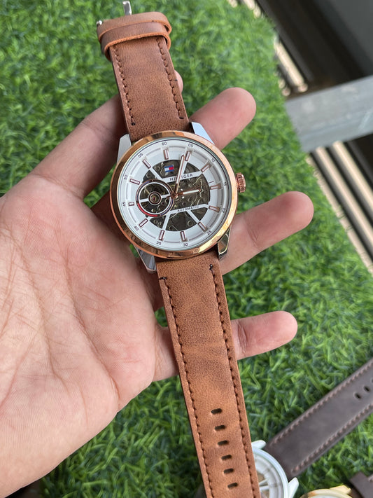 RC Tommy Automatic Skeleton Watch – Rose Gold & Tan Brown Edition