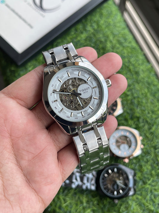 RC Tisst 1853 Automatic Skeleton Dial Tachymeter Premium Watch (Silver-white)