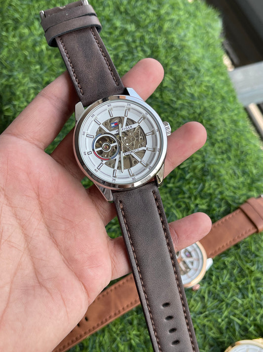 RC Tommy Automatic Skeleton Watch – Silver & Brown Classic Edition