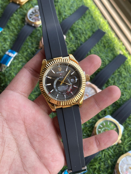 RC RLX Sky-Dweller Style Men’s Watch – Gold Case with Black Rubber Strap