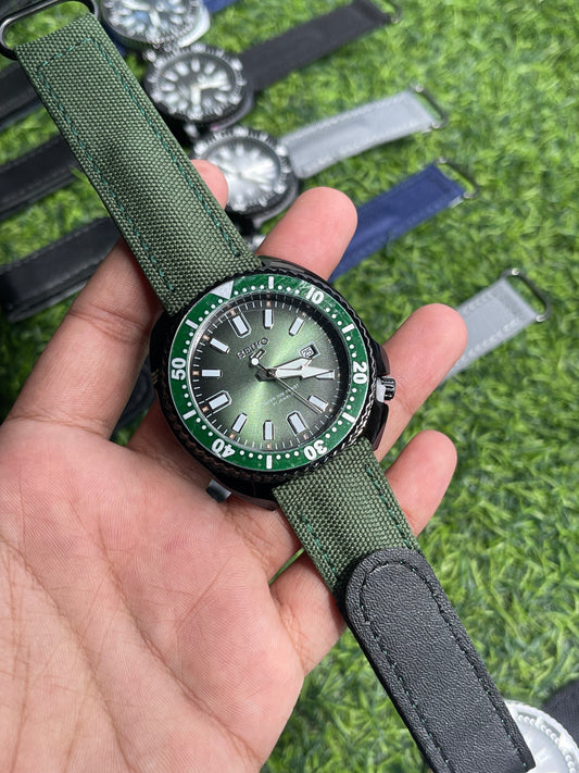 RC X Seiiko 5 Quartz – Green Dial-Black case | Olive Green Canvas Strap