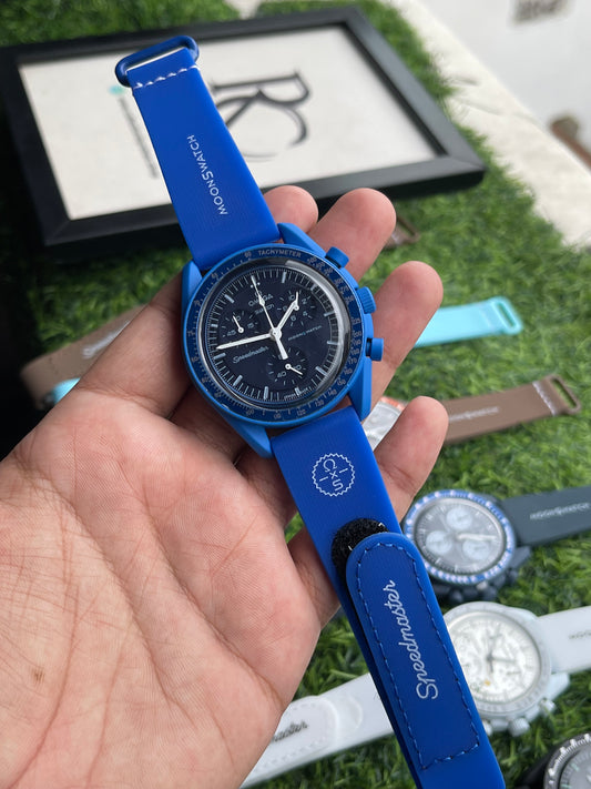 RC X MoonSwatch Speedmaster Neptune Blue Edition Chronograph Watch – Royal Blue Dial | Premium Silicone Strap