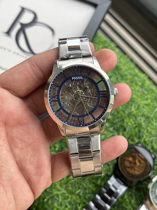RC Fossiil Silver Townsman Skeleton Automatic Watch – Stainless Steel Chain (blue dial)