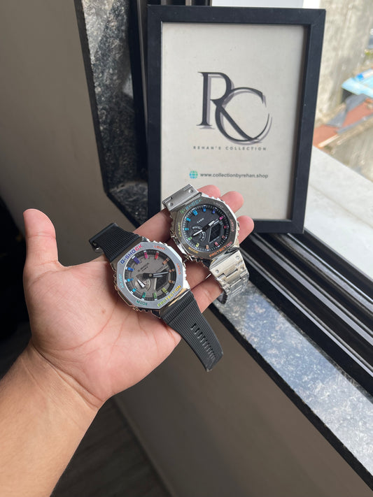 RC X Casiio G-Shok Rainbow Duo – Premium Analog & Digital Combo (Steel Chain + Black Silicone Edition)