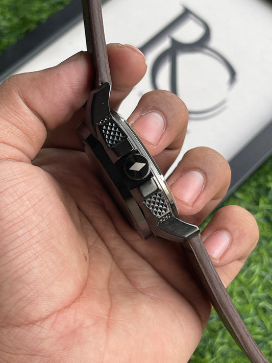 RC Fossiil Black Skeleton Automatic Watch with Brown Leather Strap