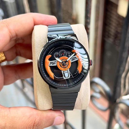 RC Ferrarii Racing Wheel Edition Blackout Watch – Black Stainless Steel Strap & Orange Accent Dial