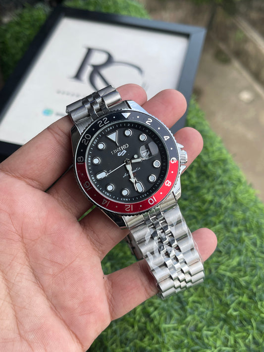 RC Seiiko GMT Style Quartz Open Back – Premium Jubilee Edition Black Dial / Red-Black Bezel