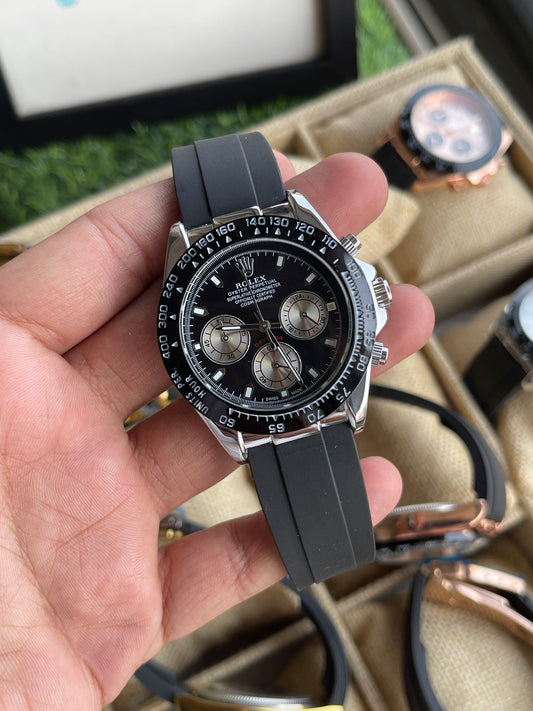 RC RLX Daytona – Silver Case, Black Dial (Quartz Model)