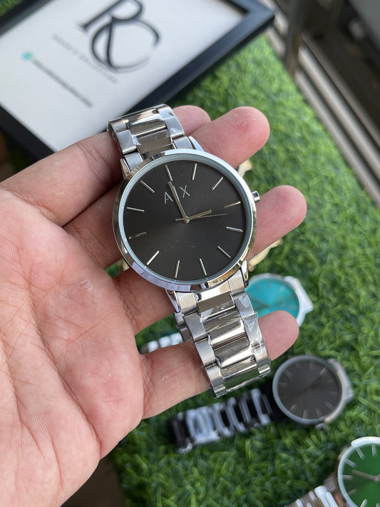 RC Armanii (A|X) Silver Stainless Steel Watch – Black Sunray Dial