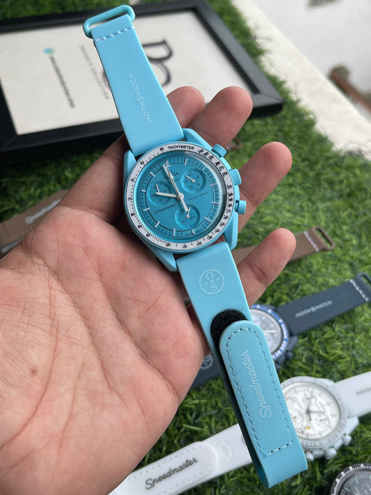 RC X MoonSwatch Speedmaster Sky Blue Edition Chronograph Watch – Ice Blue Dial | Premium Silicone Strap