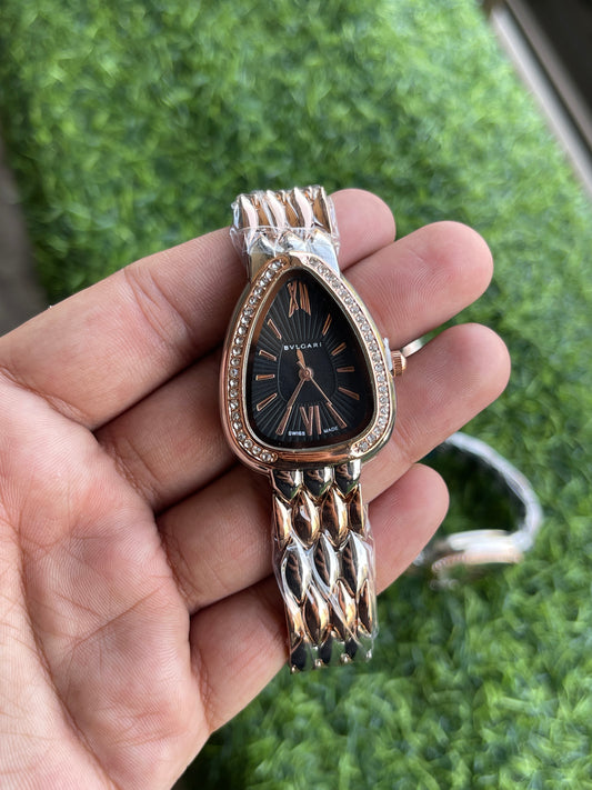 RC Bvlgaari Serpenti Midnight Grace Teardrop Watch – Black Dial | 2-Ton Rose Gold Bracelet