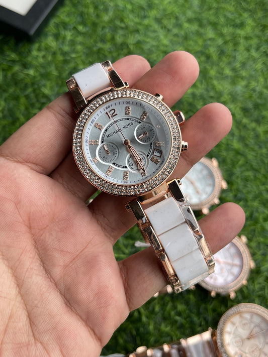 RC X Miichael Kors Chronograph Crystal Bezel – White Strap & Silver Dial