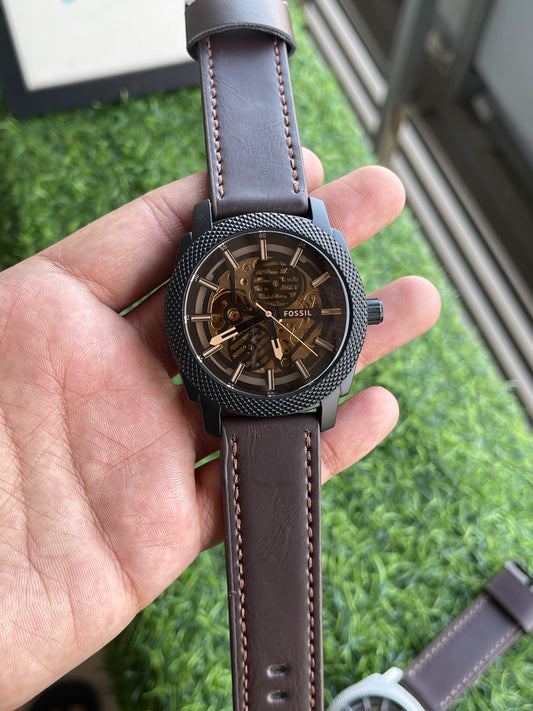 RC Fossiil Skeleton Dial Leather Strap Watch – Black Edition