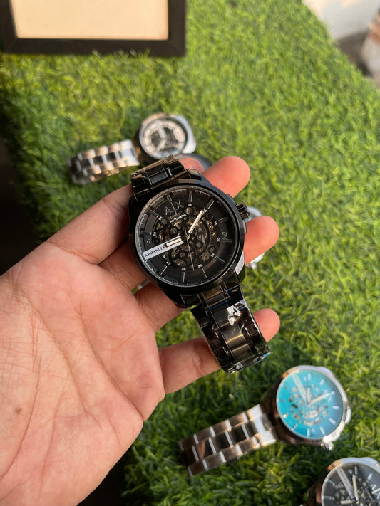 RC X Armanii Exxchange Automatic Skeleton Watch – Black Chain with Black & Silver Dial