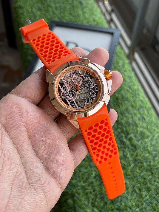 RC Jaacob & Co. (ram janmbhumi) Style Skeleton “Orange Blaze” Quartz Watch